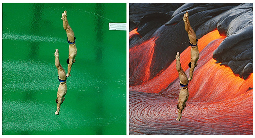 Divers diving into green pool water at the 2016 Rio Olympics