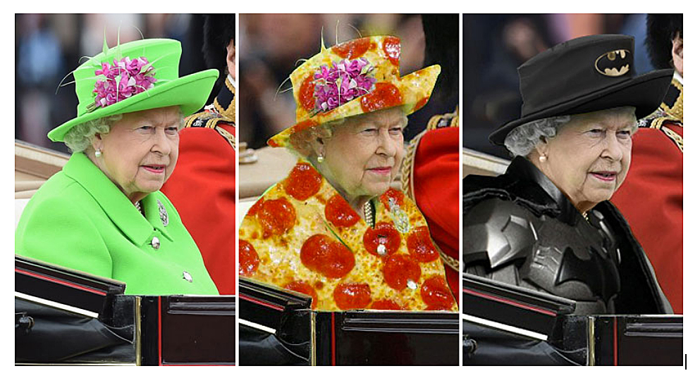 Queen Elizabeth wearing a Chroma Key Green outfit turned into Pizza and batman