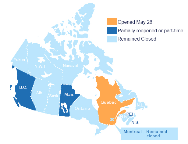 Map of Canada showing which provinces opened schools during COVID-19