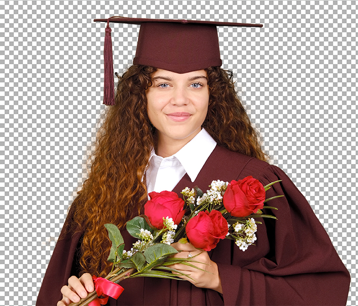 Graduate with long curly red hair on a checkered background after being extracted by 36Pix