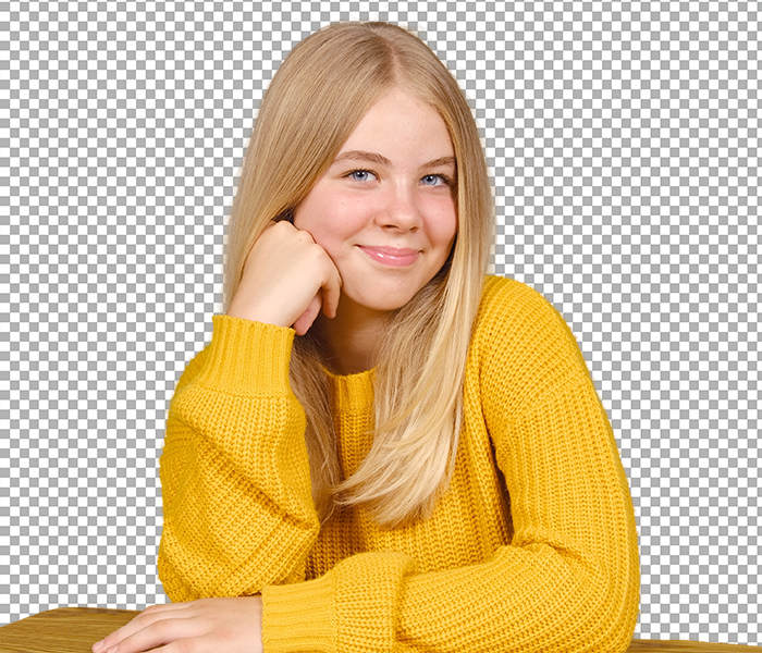 Girl in yellow sweater on checkered background