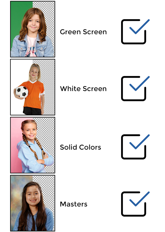 Images on green screen, white screen, solid colors, and masters