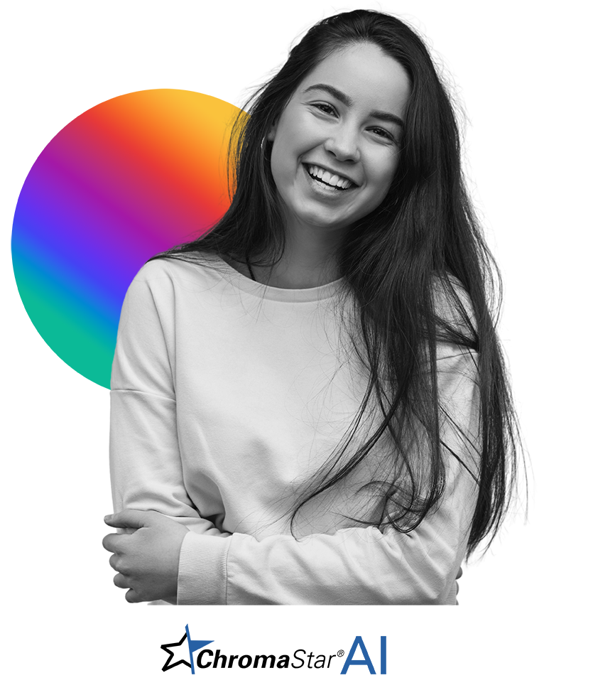 Black & white portrait of a girl in front of a colored circle