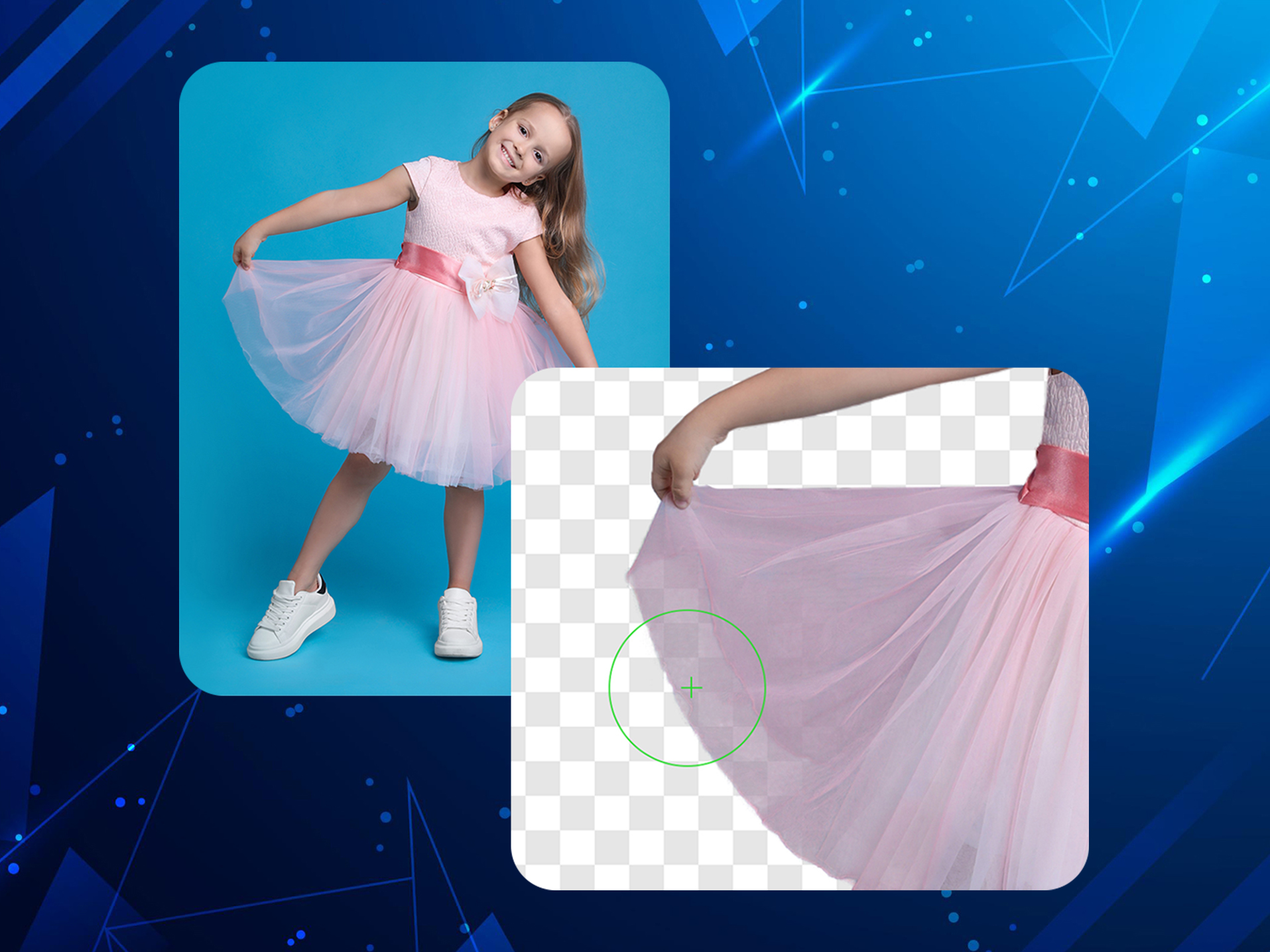 Girl with pink tutu on a green screen and then a close up of the tutu on a checkered background after the blue background was removed by 36Pix's ChromaStar AI algorithm