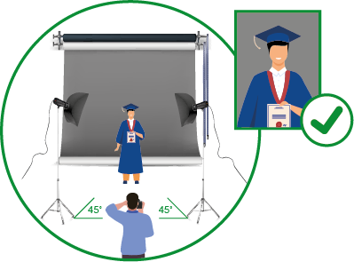 Studio photography lightd placed higher than the subject to help avoid shadows on the backdrop