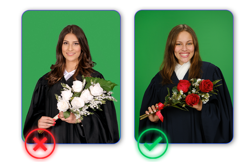 School graduation photo of a girl holding flowers taken on a green screen.