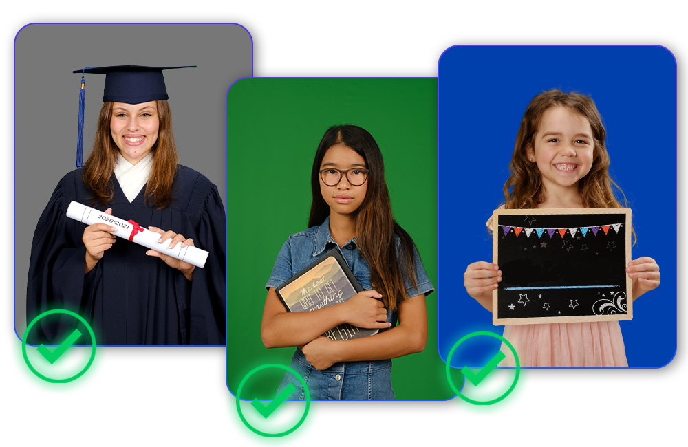 School photos of students holding non-reflective props like a book and diploma