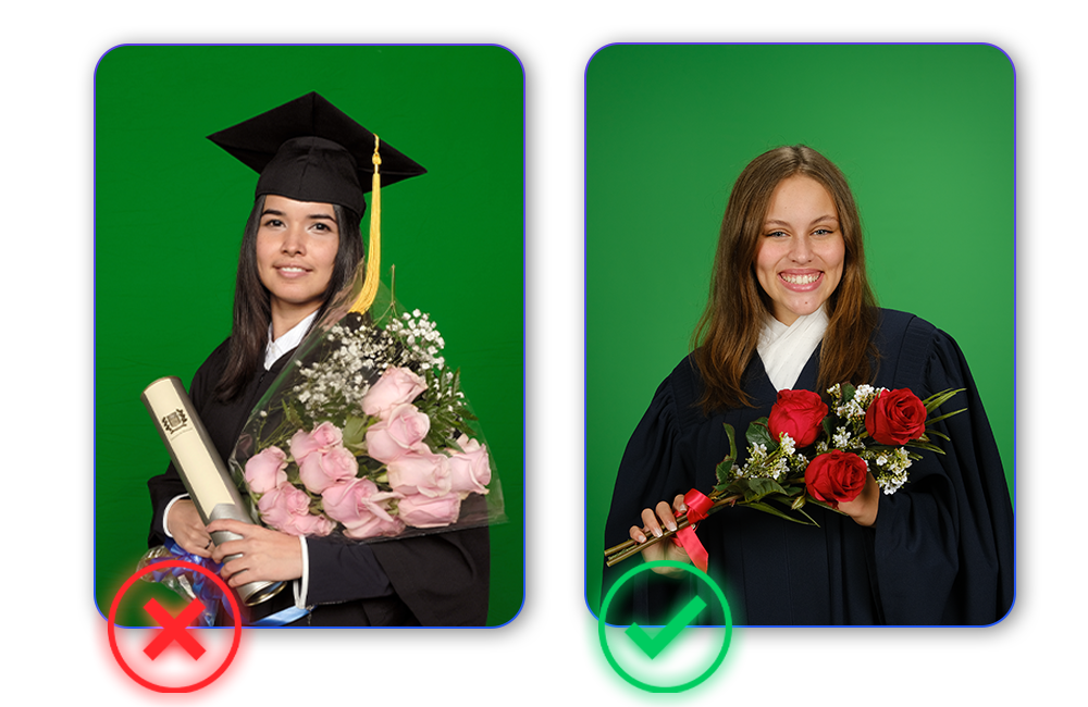 School graduation photos of one girl holding flowers with plastic wrap and one graduate holding floers with no plastic wrap.