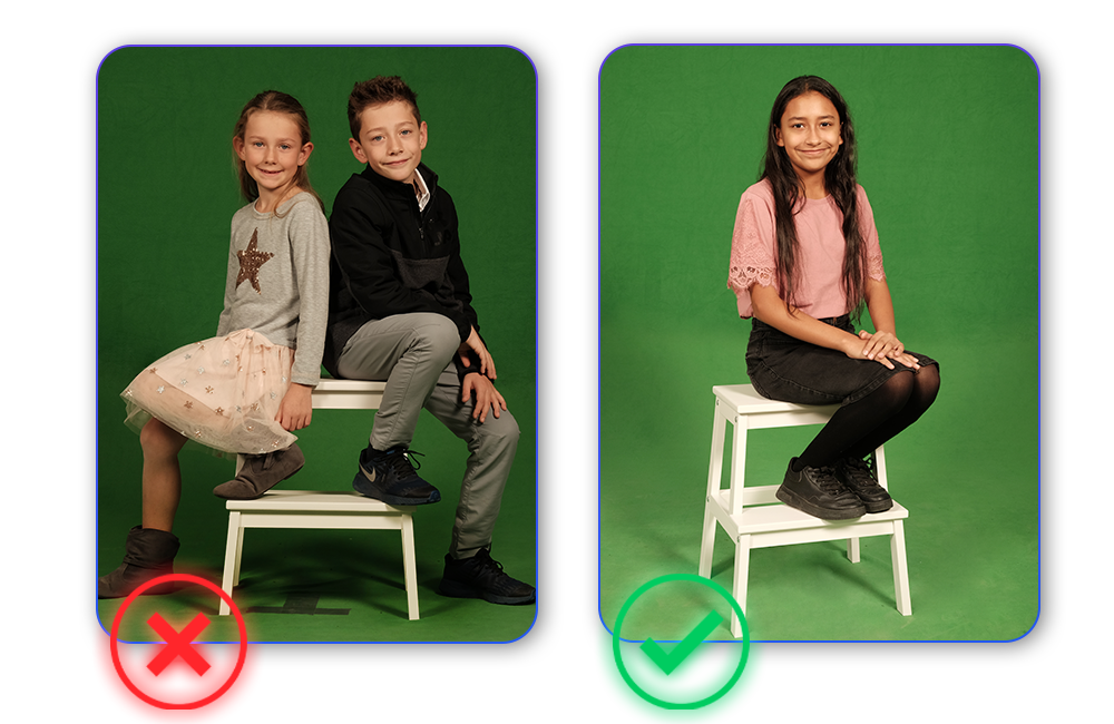 School photo of students sitting on a white stool. One image has dark shadows and the other has better lighting with only light shadows under the stool.