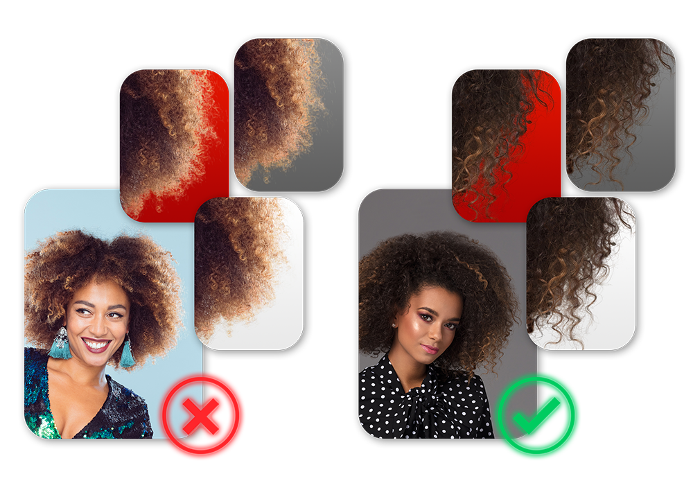 Comparison of doing background removal on a portrait that had a hair light or rim light compared to one that did not