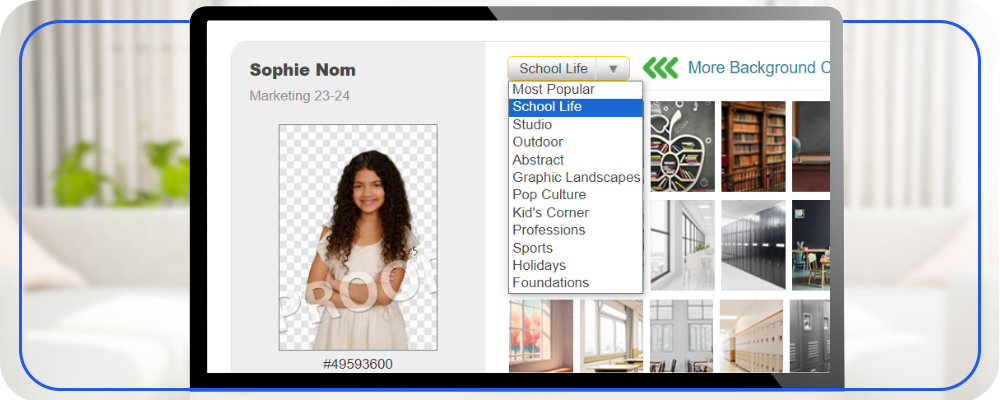 School Photo online storefront with a dropdown list of background categories to choose from