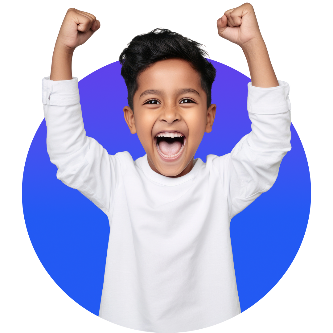 Boy in a white shirt with his hands in the air against a blue circle