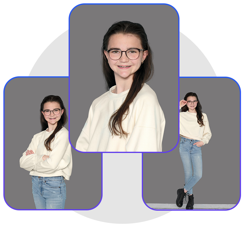 3 poses of a girl on a grey background after being color corrected by 36Pix