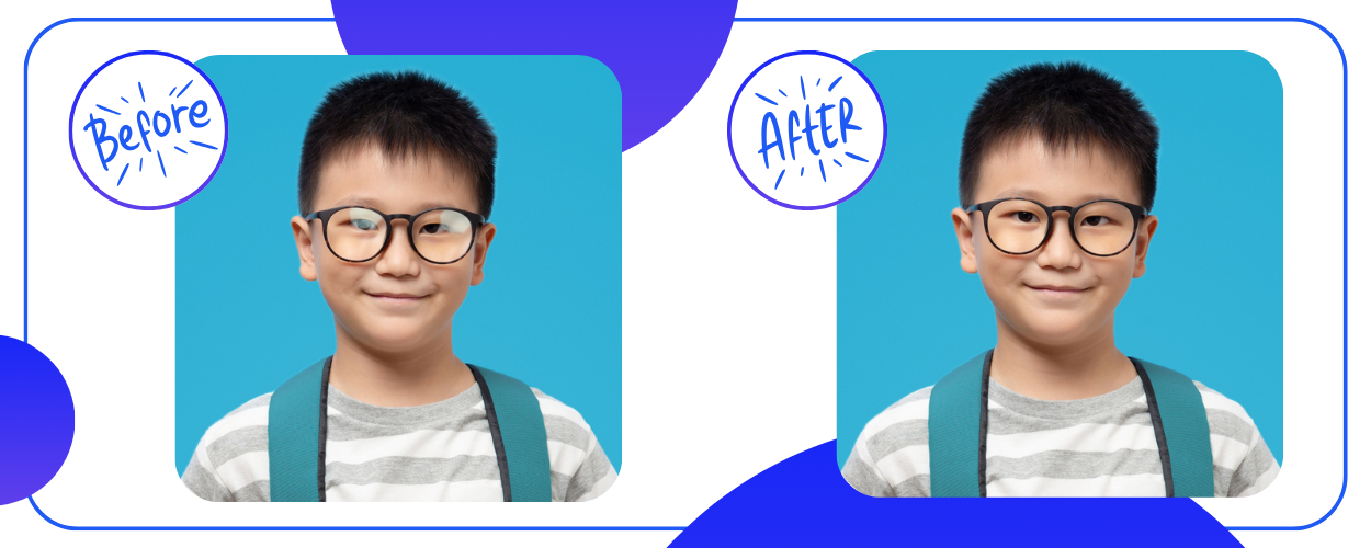 A portrait of a young asian boy wearing glasses showing the image before and after the reflection glare in the glasses was removed by 36Pix