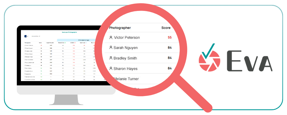 Eva dashboard with one photographer having a below average score